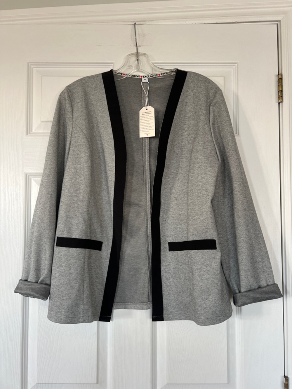 Grey Open-Front Blazer with Black Trim